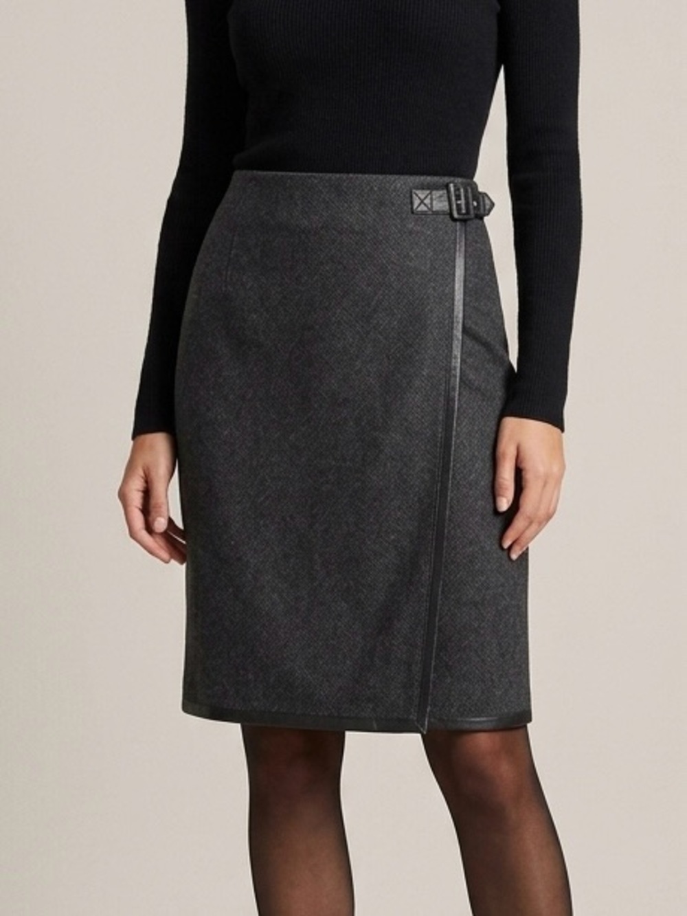 Danier Charcoal Italian Leather Trim Wrap Pencil Skirt 2